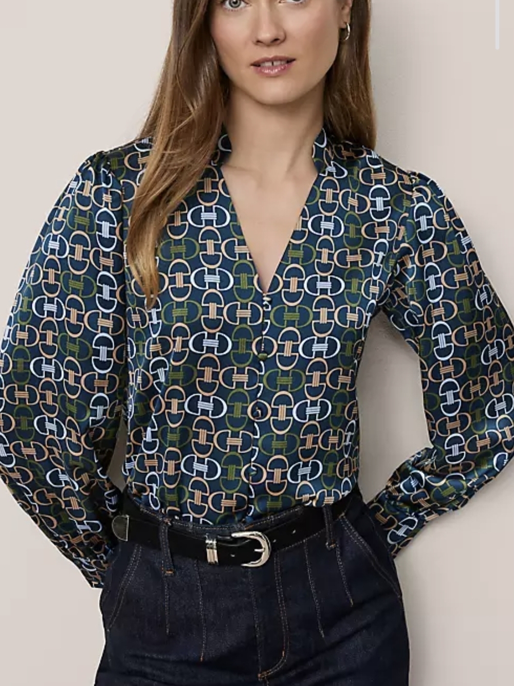 #129 NWT Ann Taylor Navy Geometric V-Neck Long Sleeve Blouse, Size S
